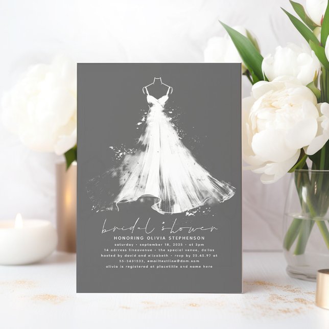 Elegant Romantic Minimalist Grey Bridal Shower Invitation (Wedding Dress Elegant Bridal Shower Invitation)