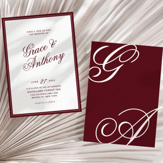Elegant Romantic Monogram Deep Burgundy Wedding Invitation (Creator Uploaded)