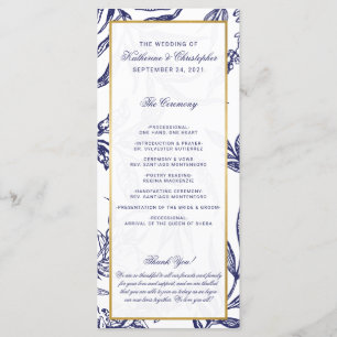 Elegant Romantic Navy Blue Gold Botanical Wedding Programme