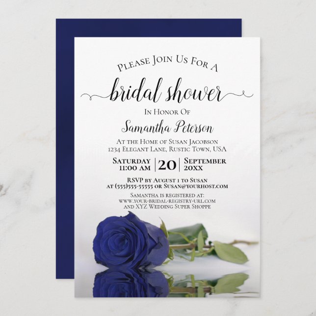Elegant Romantic Navy Blue Rose Bridal Shower Invitation (Front/Back)