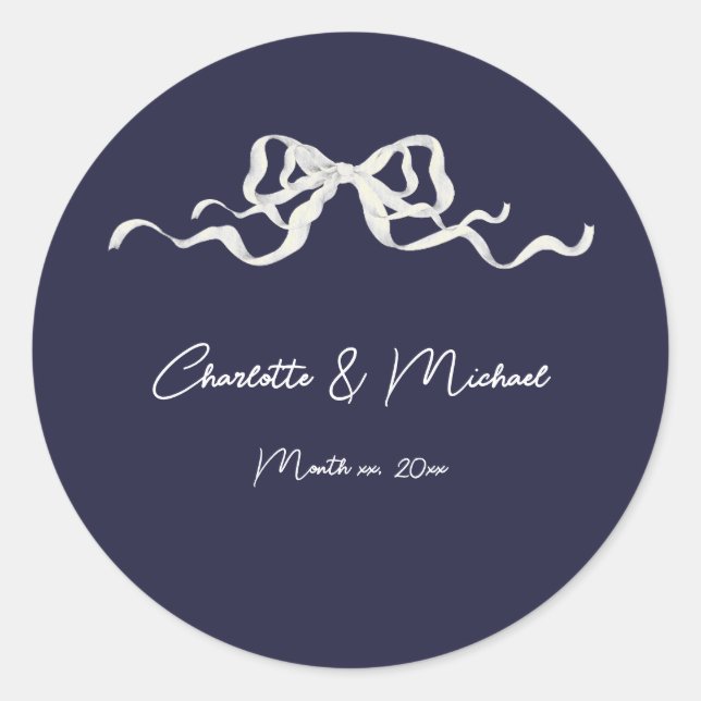 Elegant Romantic Navy Ribbon Wedding Classic Round Sticker (Front)