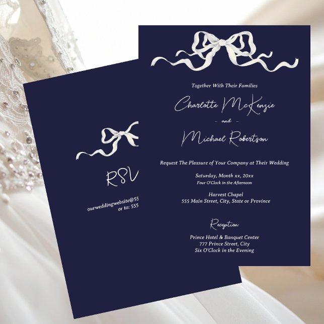 Elegant Romantic Navy Ribbon Wedding Invitation (Elegant Romantic Navy Ribbon & Bow Wedding)
