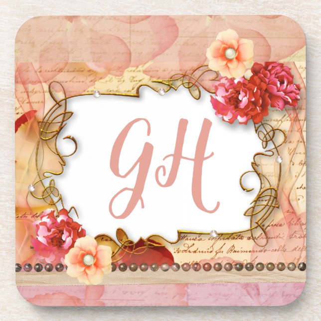Elegant Romantic Peach Pink Floral Monogrammed Coaster (Front)