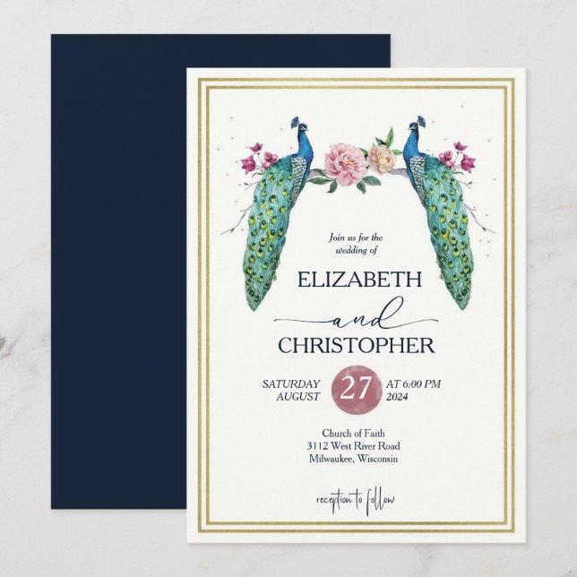 Elegant Romantic Peacocks in Love Wedding Invitation (Front/Back)