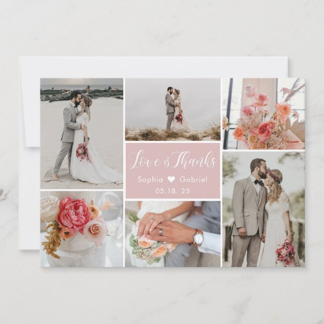 Elegant Romantic Pink 6 Photo Collage Wedding Thank You Card (Front)