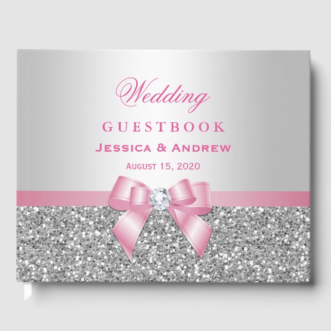 Elegant Romantic Pink Bow & Silver Glitter Wedding Guest Book (Front)