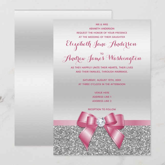Elegant Romantic Pink Bow & Silver Glitter Wedding Invitation (Front/Back)