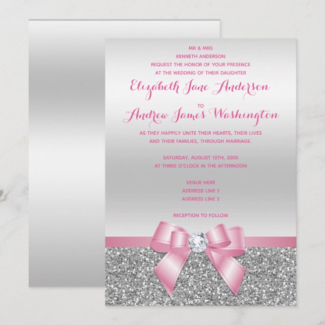 Elegant Romantic Pink Bow & Silver Glitter Wedding Invitation (Front/Back)
