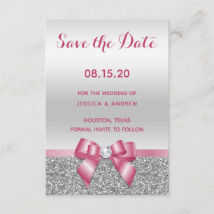 Elegant Romantic Pink Bow & Silver Glitter Wedding Save The Date