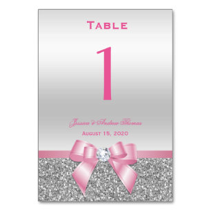 Elegant Romantic Pink Bow & Silver Glitter Wedding Table Number