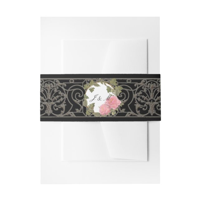 Elegant Romantic Pink Peony Scroll Work Fence Art Invitation Belly Band (Front Example)