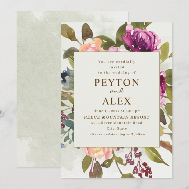 Elegant Romantic Plum Peach Sage Green Wedding Invitation (Front/Back)