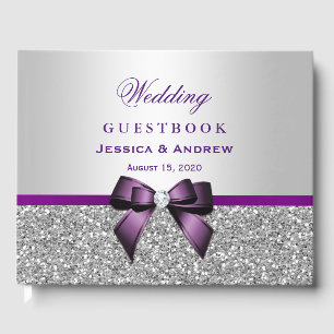 Elegant Romantic Purple Bow & Silver Glitter Guest Book