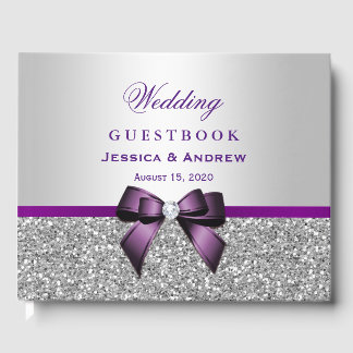 Elegant Romantic Purple Bow & Silver Glitter Guest Book