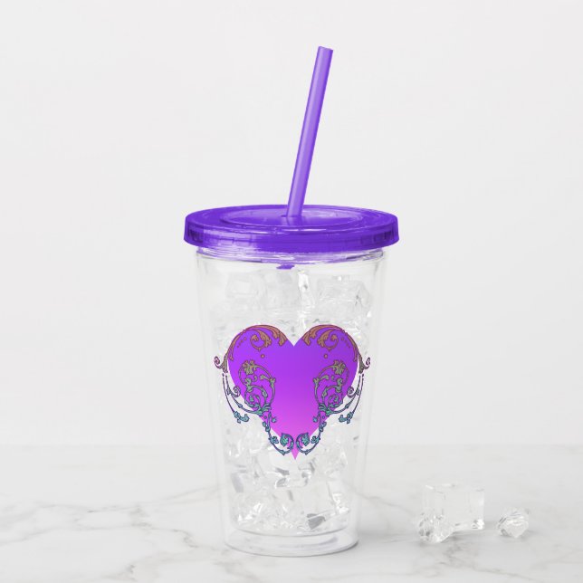 Elegant, Romantic Purple Heart with Flourish  Acrylic Tumbler (Back Ice)