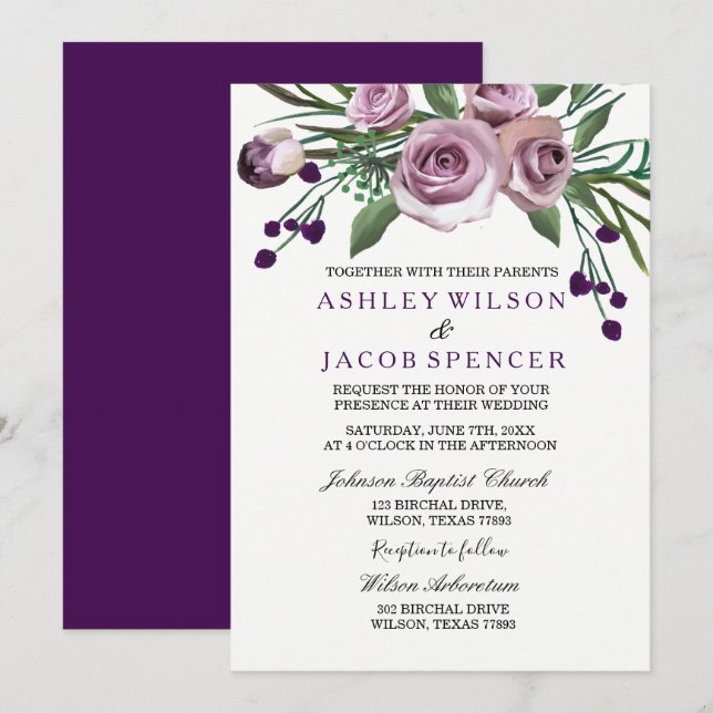 Elegant Romantic Purple Rose Floral Wedding Invite (Front/Back)