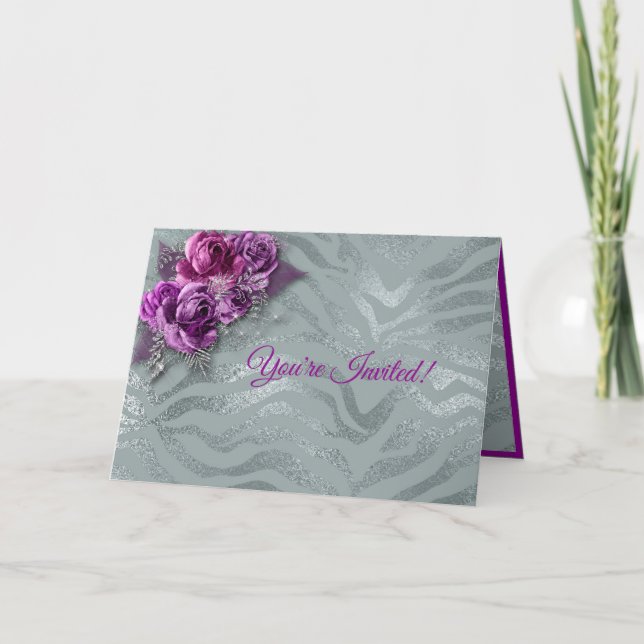Elegant Romantic Purple Roses & Silver Invitation (Front)