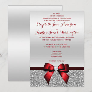 Elegant Romantic Red Bow & Silver Glitter Wedding Invitation