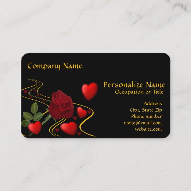 Elegant Romantic Red Hearts Gold Ribbon & Red Rose Business Card (Front)
