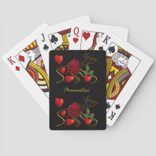 Elegant Romantic Red Hearts Roses Gold Ribbon Playing Cards