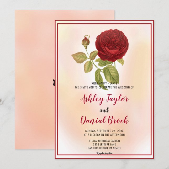 Elegant Romantic Red Rose Dusty Floral Wedding Invitation (Front/Back)