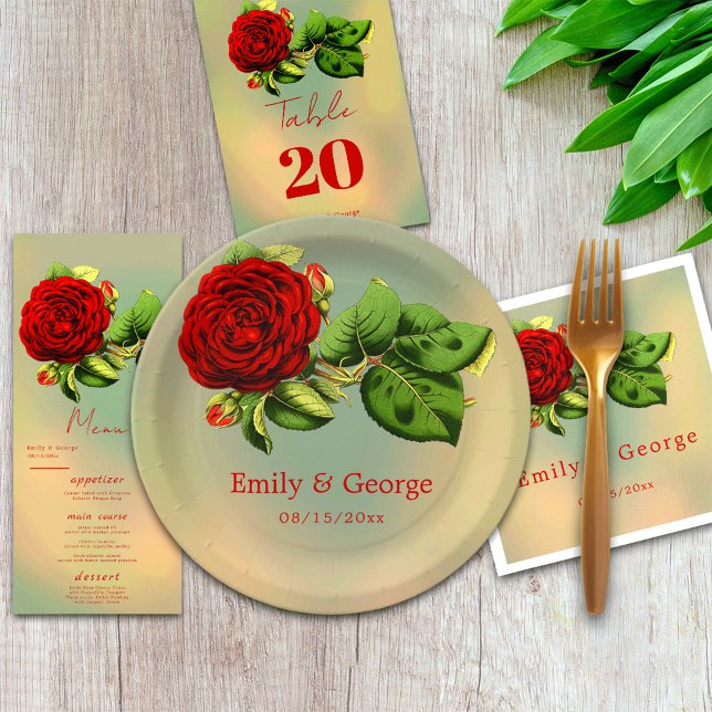 Elegant Romantic Red Rose Summer Floral Wedding Paper Plate (Creator Uploaded)