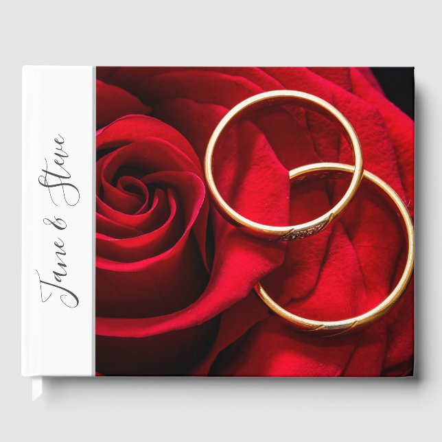 Elegant romantic red rose wedding rings guest book (Front)