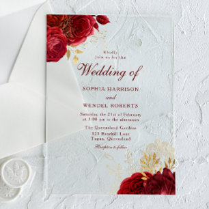 Elegant Romantic Red Roses & Gold Wedding Acrylic Invitations