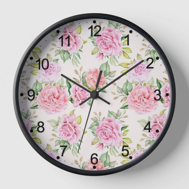 Elegant Romantic Rose Floral Pattern Clock (Front)