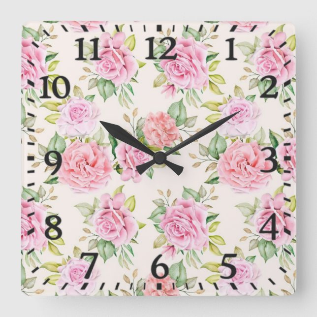 Elegant Romantic Rose Floral Pattern Square Wall Clock (Front)