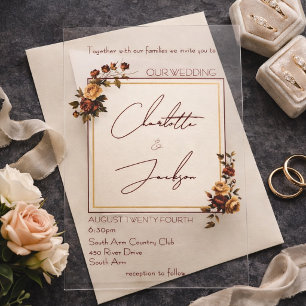 Elegant Romantic Rusty Rose Autumn Wedding Acrylic Invitations