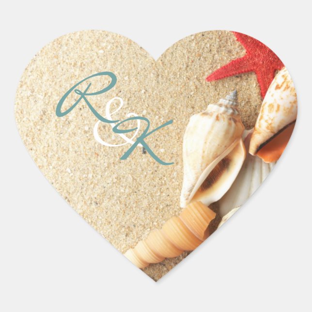 elegant romantic sand seashells beach wedding heart sticker (Front)