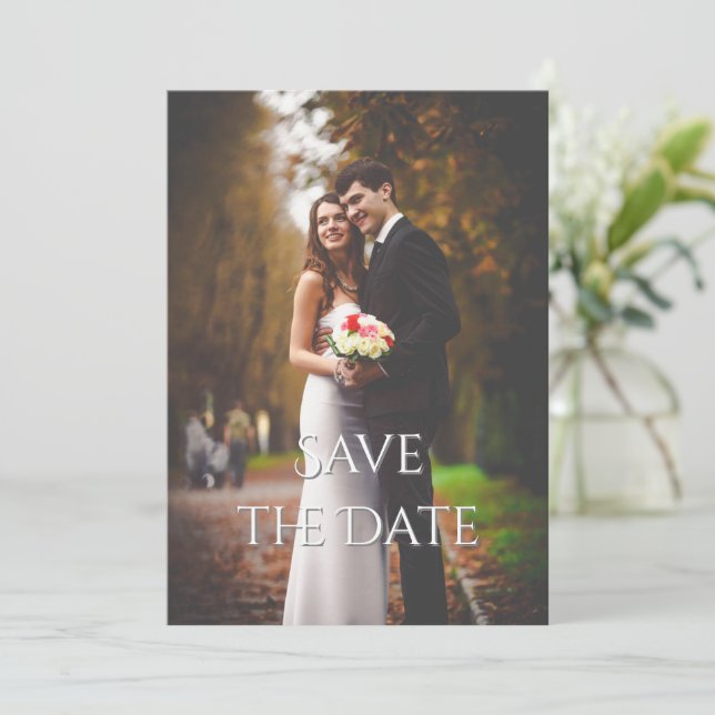 Elegant Romantic Script Colour Photo Wedding Save The Date (Standing Front)