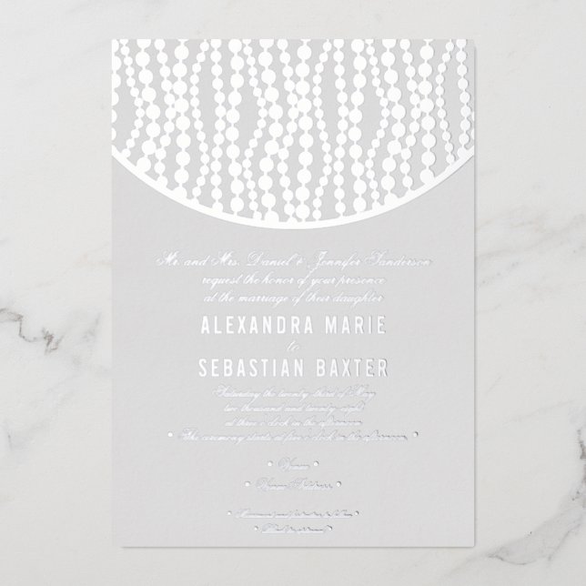 Elegant Romantic Script Grey Pearls Wedding Silver (Front)