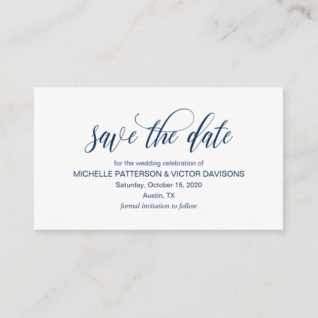 Elegant Romantic Script, Navy Blue,, Save the date Enclosure Card (Front)