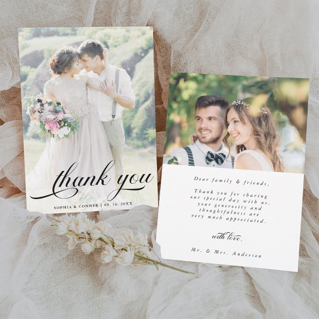 Elegant Romantic Script Wedding 2 Photo Thank You Card (Front & Back)