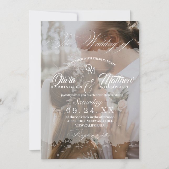 Elegant Romantic Script White Wedding Invitation (Front)