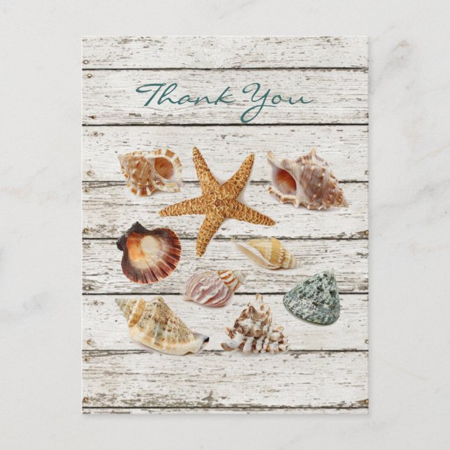 elegant romantic seashells beach wedding thank you postcard (Front)