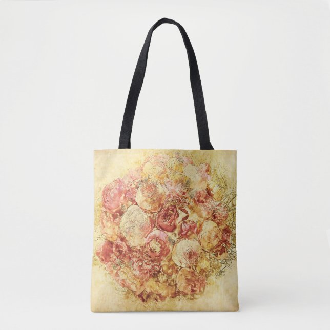 Elegant Romantic Shabby Chic Cream & Pink Roses Tote Bag (Front)