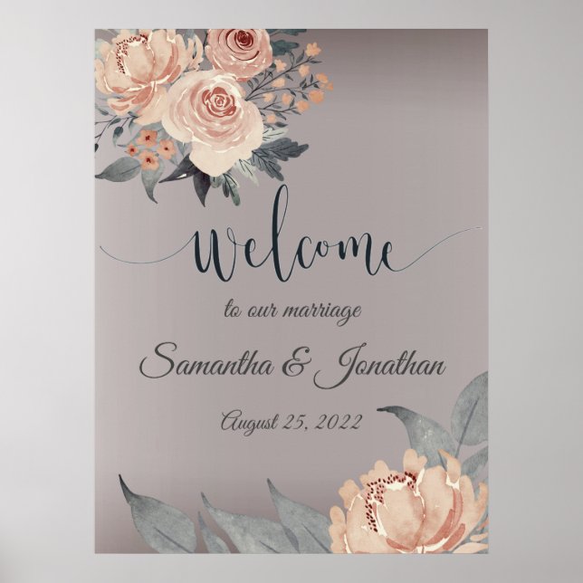 Elegant Romantic Silver Pink Floral Wedding  Poster (Front)