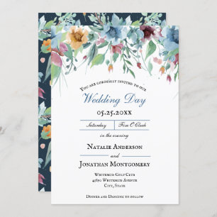 elegant romantic spring floral dusty blue wedding invitation
