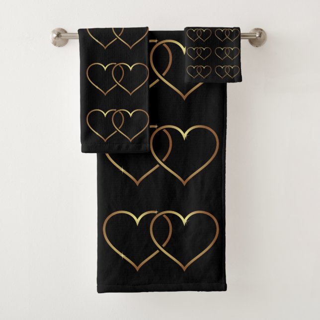 Elegant & Romantic Two Gold Hearts Intertwined Bath Towel Set (Insitu)