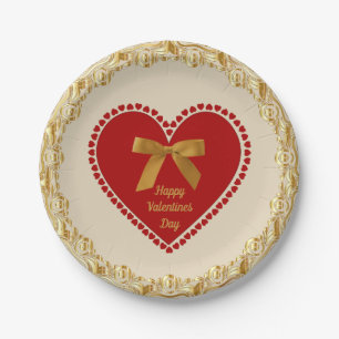 Elegant Romantic Valentine Faux Gold Bow Red Heart Paper Plate