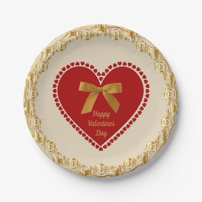 Elegant Romantic Valentine Faux Gold Bow Red Heart Paper Plate (Front)