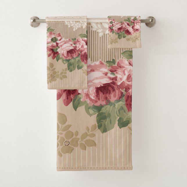 Elegant Romantic Victorian Pink Floral Bath Towel Set (Insitu)