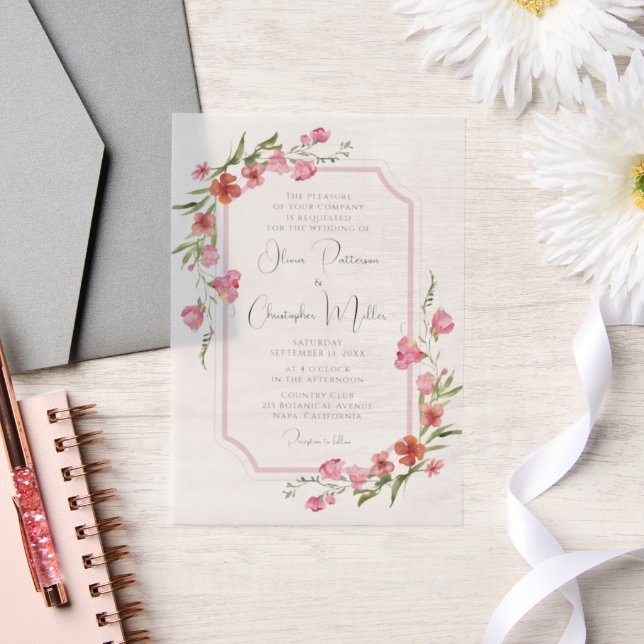 Elegant Romantic Watercolor Floral Wedding Vellum Invitations (Wedding)