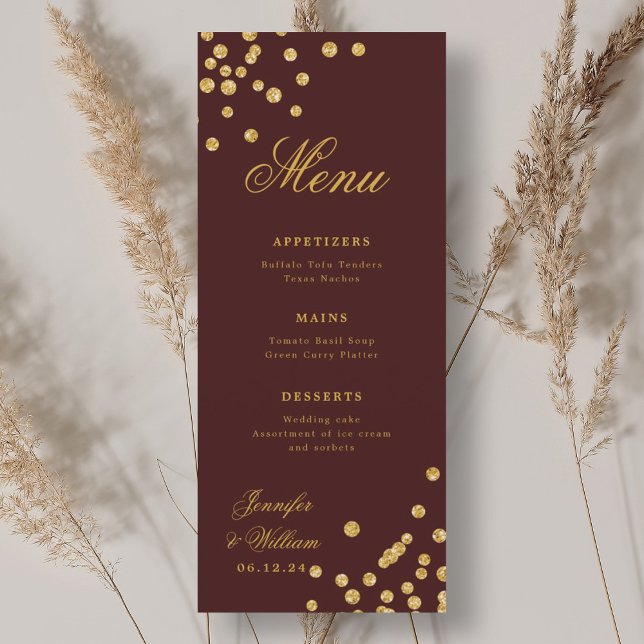 Elegant Romantic Wedding Confetti Gold Burgundy  Menu (Elegant Romantic Wedding Confetti Gold Burgundy Menu)