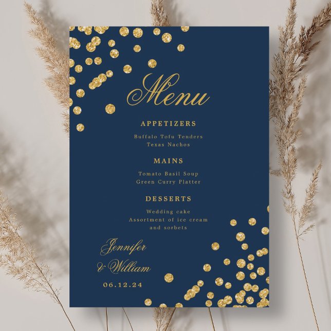 Elegant Romantic Wedding Confetti Gold Navy Blue  Menu (Elegant Romantic Wedding Confetti Gold Navy Blue Menu)