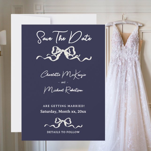 Elegant Romantic Wedding Navy & White Ribbon & Bow Save The Date (Elegant Romantic Wedding Navy & White Ribbon & Bow Save The Date)