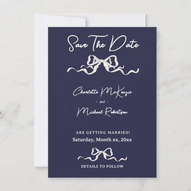 Elegant Romantic Wedding Navy & White Ribbon & Bow Save The Date (Front)